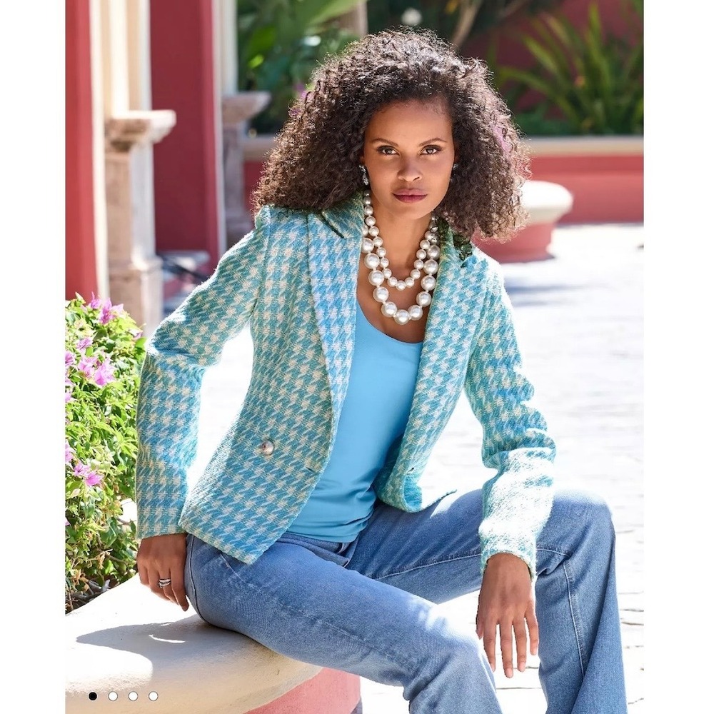 NEW Boston Proper Houndstooth Tweed Blazer Blue White Metallic Detail Women's 6